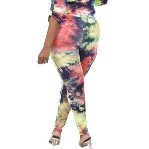 Women's Lemon & Lime Tie Dye Print Button Down Shirt & Skinny Leggings Set - Picture 3 of 8